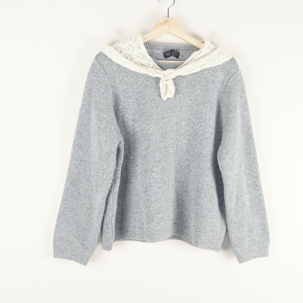Zara Combined Scarf Knit Gray Wool Blend Jumper Sweater Womens Sz L